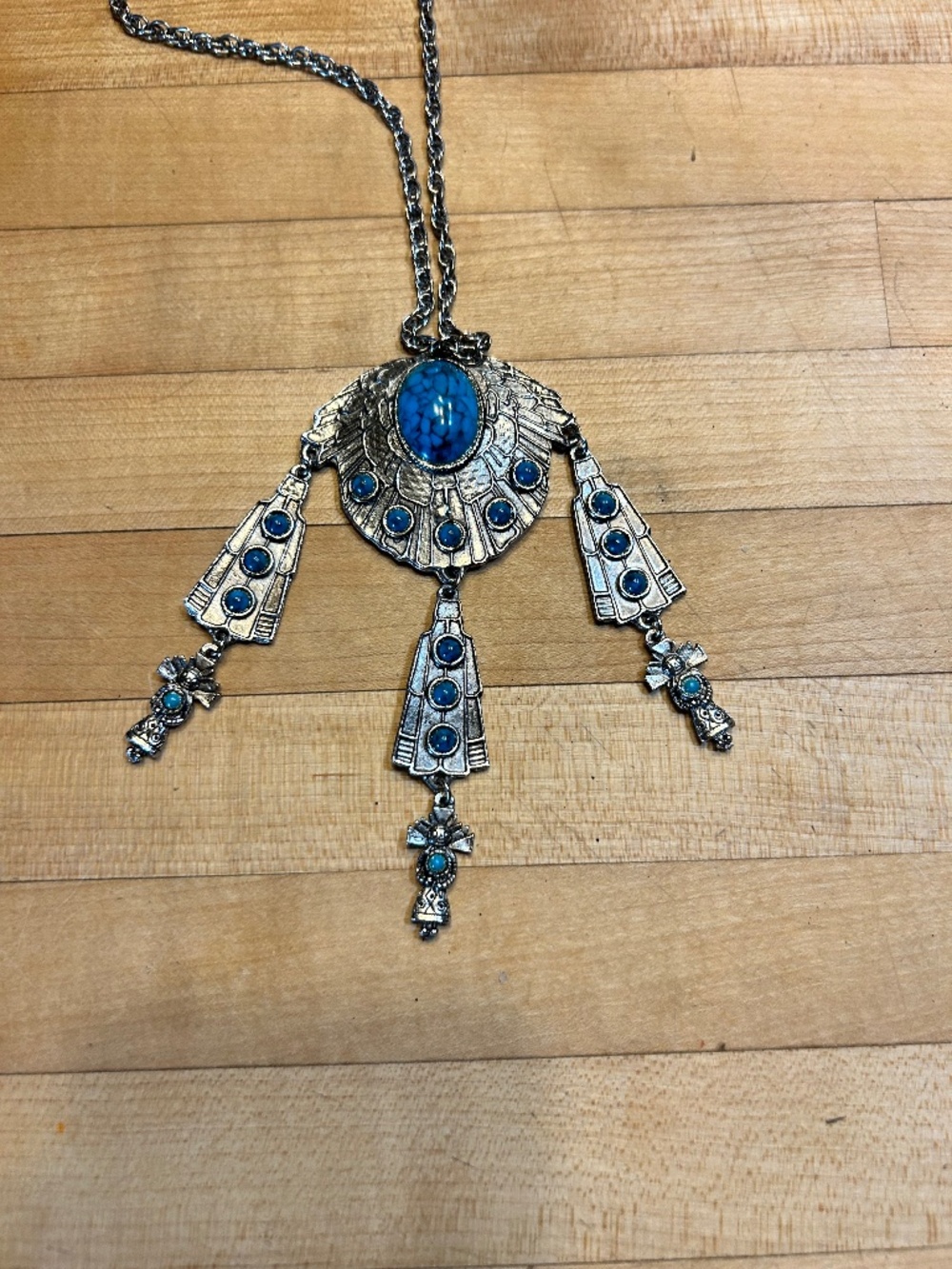 Southwestern Style Turquoise Bib Necklace Silver Tone Eagle Pendant
